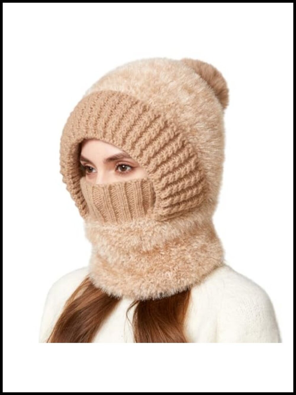 Knit Balaclava Hood Hat Mask Scarf 3 in 1 Faux Fur Fleece Lined Winter Beanie